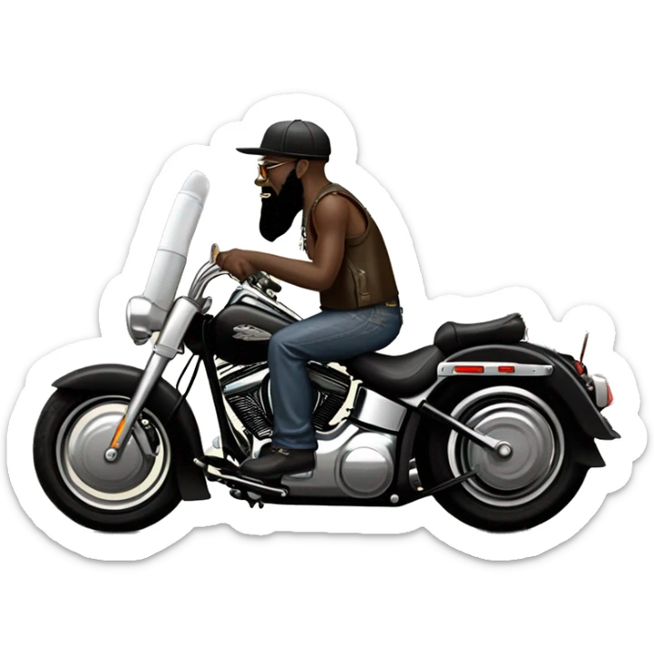 Black heritage softail with front jammer and leather saddle bags and lots of chrome and ape hangers and a long bearded guy with ball cap riding it on a country road sticker