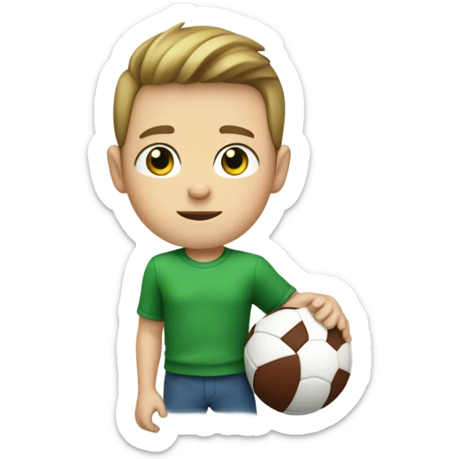 white boy with blue eyes, wearing a green and yellow shirt holding a football. from the chest up sticker