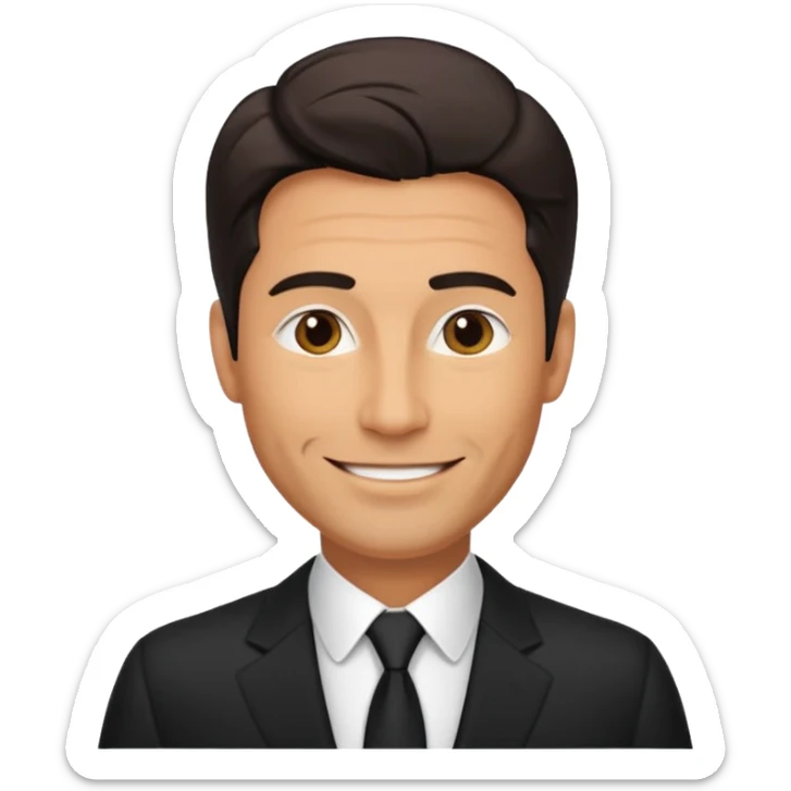 A very handsome successful man in his 40s. Day hair. Wearing black  Looks like a lawyer. sticker