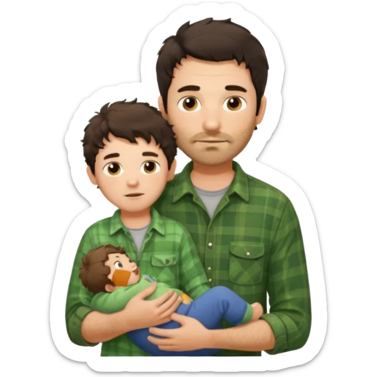 A father with messy medium-length dark hair and light stubble, wearing a green flannel shirt. He holds his one child who has short curly brown hair and a cream-colored romper. Cozy warm lighting, authentic family moment. sticker
