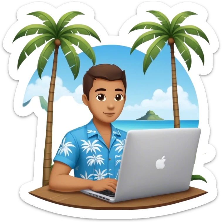 A digital nomad in bali working on a laptop wearing a tropical blue shirt with a palm tree on the side sticker