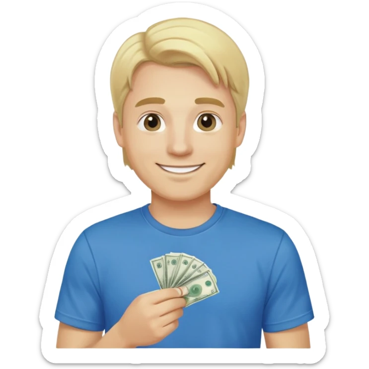 Man with blonde hair and blue t shirt in love with money  sticker