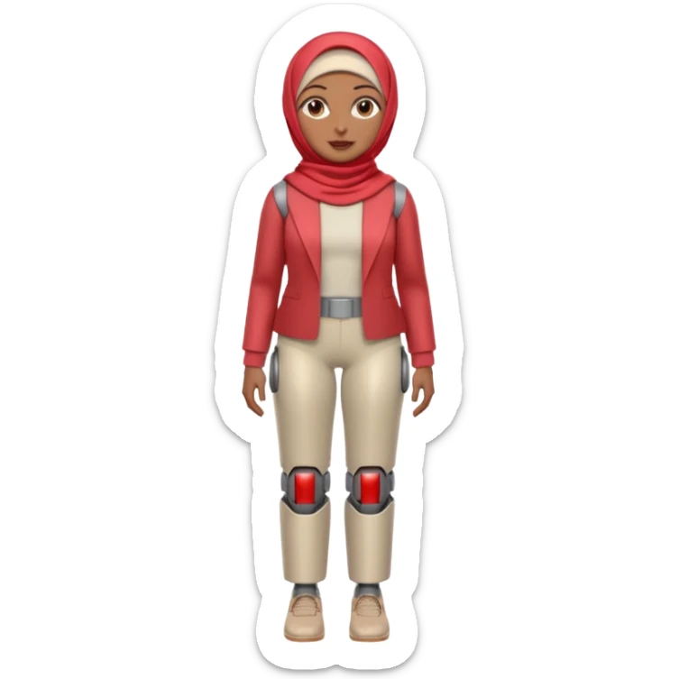 Heavy-set woman with medium-brown skin wearing a light red hijab, cream top, light red pants, tan shoes, and a grey robot leg. Standing confidently with one hand on her hip sticker