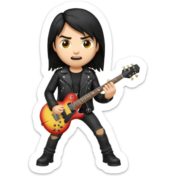 3D Apple-style emoji of a metal musician. Long hair, black leather jacket, ripped jeans, holding an electric guitar. Intense expression, glossy, rounded, smooth, soft shadows, white background.










 sticker