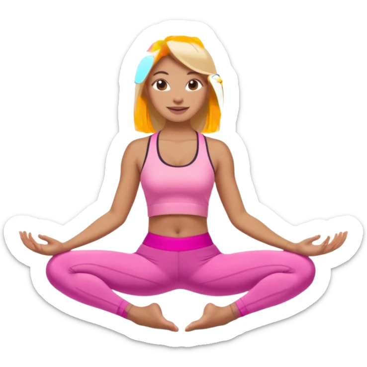Mujer color de piel moreno claro con cabello rubio suelto y lacio, que tenga gloss en los labios y se vea usando Blush rosita, usando un top rosa deportivo y leggins deportivo rosa en una pose de yoga, viendo hacia enfrente con ojos negros y sonriendo sin mostrar los dientes sticker