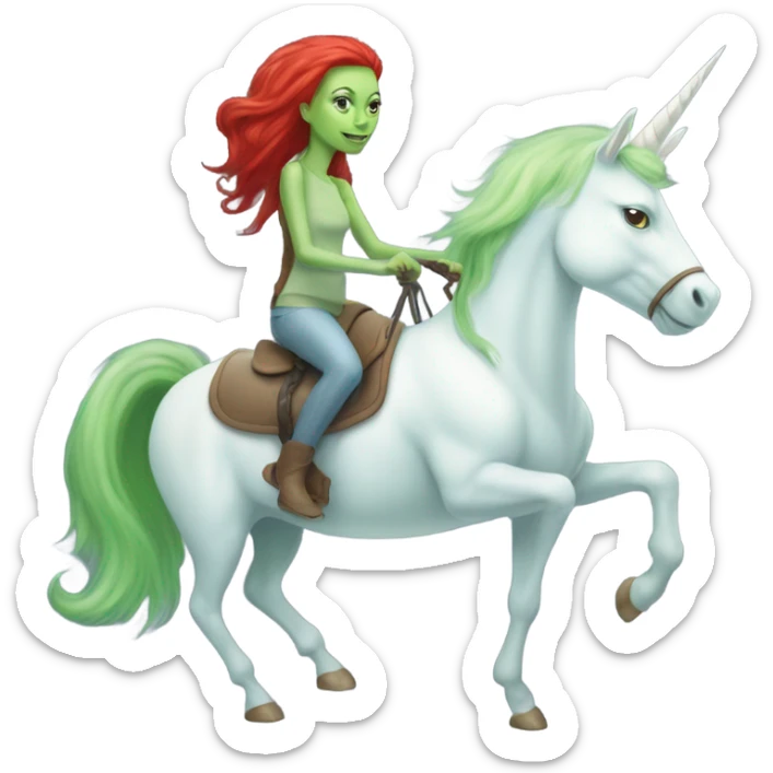 [politically incorrect
	{ woman: alien, color: light green, hair:red, eyes:cat} ]
	on a 
	[{ unicorn: white, legged:four, mane: light blue }] sticker