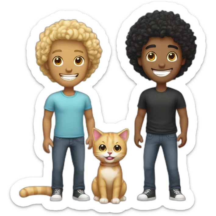 Gay couple, 1 guy Latino black straight hair and 1 Australian guy with blonde curly hair with a cat laughing full body sticker