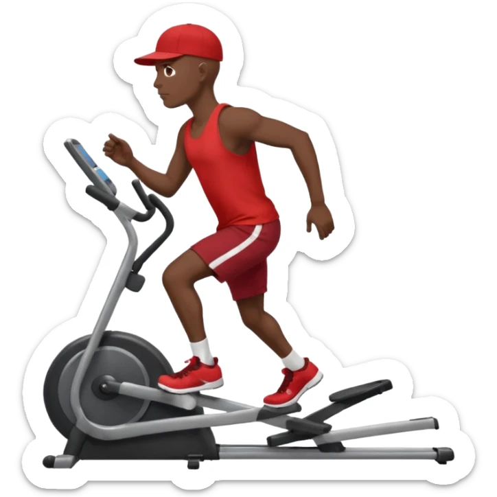 dark skin bald African American man on elliptical machine with red tank shirt and black shorts and backwards facing baseball hatcap sticker