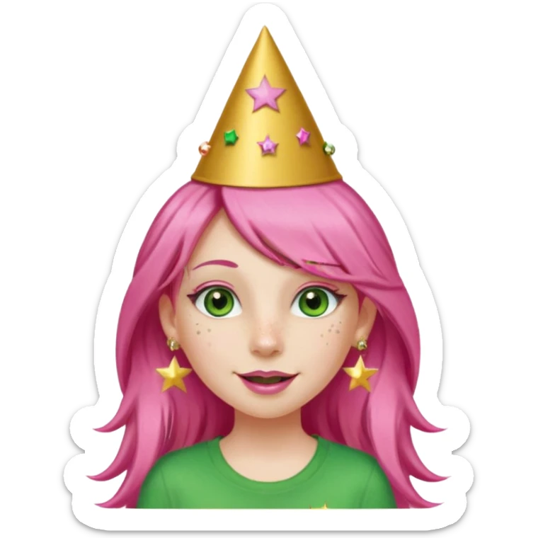 A girl with long pink hair and green eyes with long eyelashes and a happy face. She has freckles and a lit of bit of pink lipstick on her mouth, she’s also got a full gold birthday party hat on her head with gold pom poms on top of it, and her T-shirt is all red, she wore gold star earrings  sticker