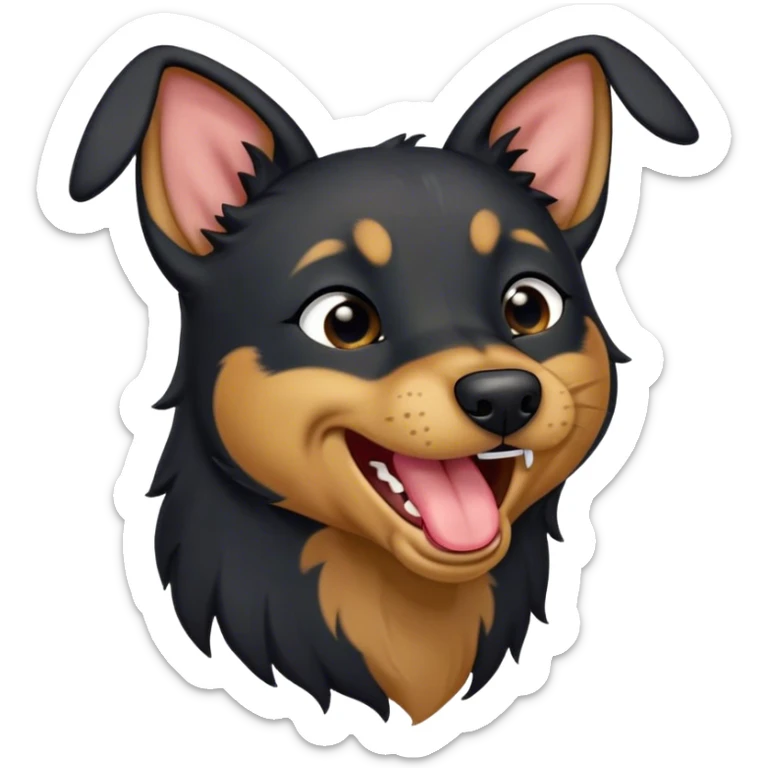 Cinematic Cute Yawning Black and Tan Kelpie Portrait Emoji, Head tilted slightly with a dramatic, wide-open yawn, showcasing a smooth black Fur with distinct tan accents, floppy ears slightly drooping, round dark eyes barely open in drowsy contentment, Simplified yet irresistibly adorable features, highly detailed, glowing with a soft, cozy glow, high shine, relaxed yet expressive, stylized with a touch of whimsy, bright and endearing, soft glowing outline, capturing the essence of a sleepy yet affectionate herder, so drowsy it feels like it could stretch out of the screen and curl up for a nap! sticker