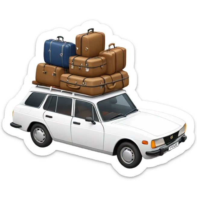 a white peugeot 504 break car with luggage on the roof sticker