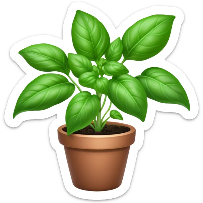 Cinematic Realistic Basil Emoji, Lush and fragrant, with vibrant green leaves that release a fresh, herbal aroma. The soft, glossy leaves are delicately arranged along slender stems, exuding vitality and flavor. Soft glowing outline, capturing the essence of freshness, growth, and aromatic delight in a blossoming basil plant! sticker