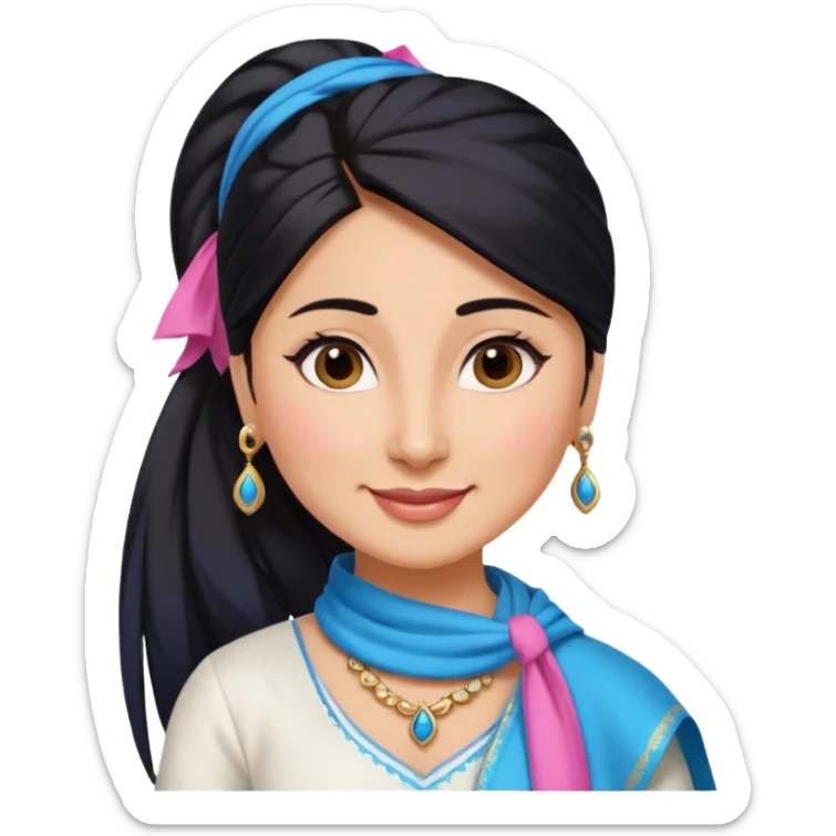 generate a pretty bratz emoji that looks like Kareena Kapoor's Geet character. 
Make her wear a white shirt with a colorful blue-pink dupatta wrapped around her neck. smiling big. Black hair tied into a side part ponytail

She should look like Kareena Kapoor sticker
