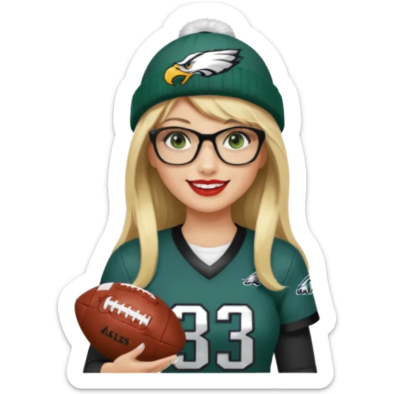 full length women wearing eagles uniform, long blonde hair, styled bangs, green eyes, black rectangle glasses, holding football, number 33, smiling, lipstick, eagles beanie sticker