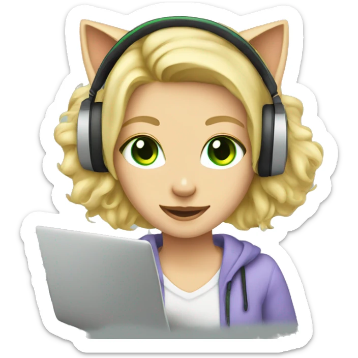 blonde girl green eyes and cat headphones with laptop sticker