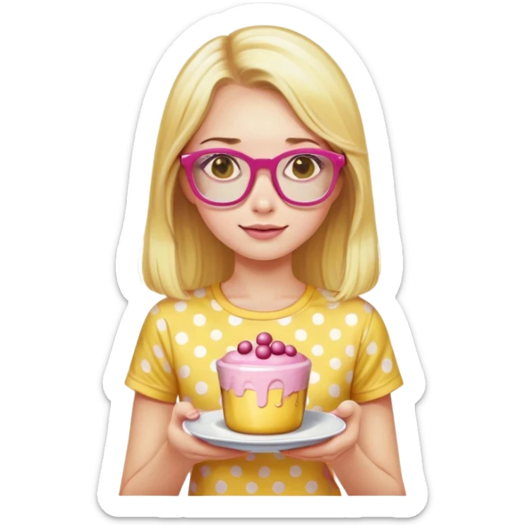 a girl with long lashes, long blonde hair, pink glasses, wearing a yellow polka dot t-shirt, holding a pudding sticker