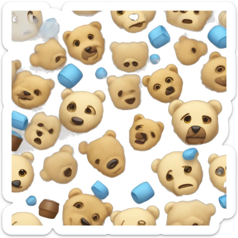 Oso de peluche beige, con nariz café, cuerpo flacucho y pañal azul claro, con un volado azul claro y amarillo claro  sticker