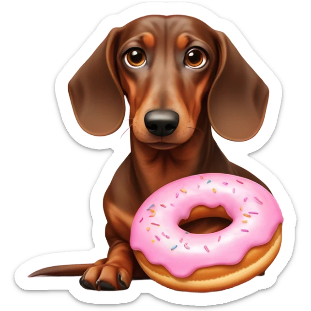 Old dachshund with guilty eyes laying down licking a pink frosted doughnut in front of it sticker