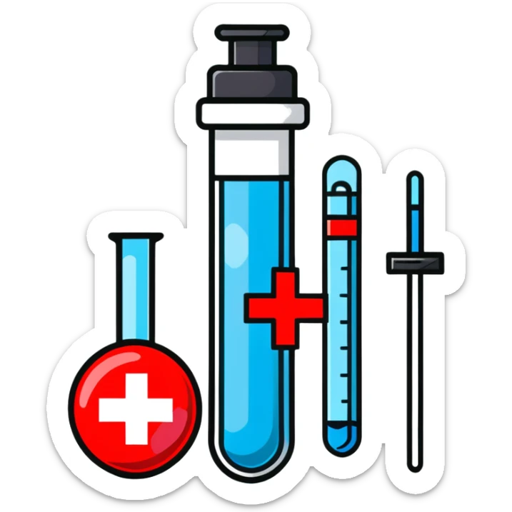 Friendly sticker design of sexual health clinic symbol with red cross, test tube, and heart icon sticker