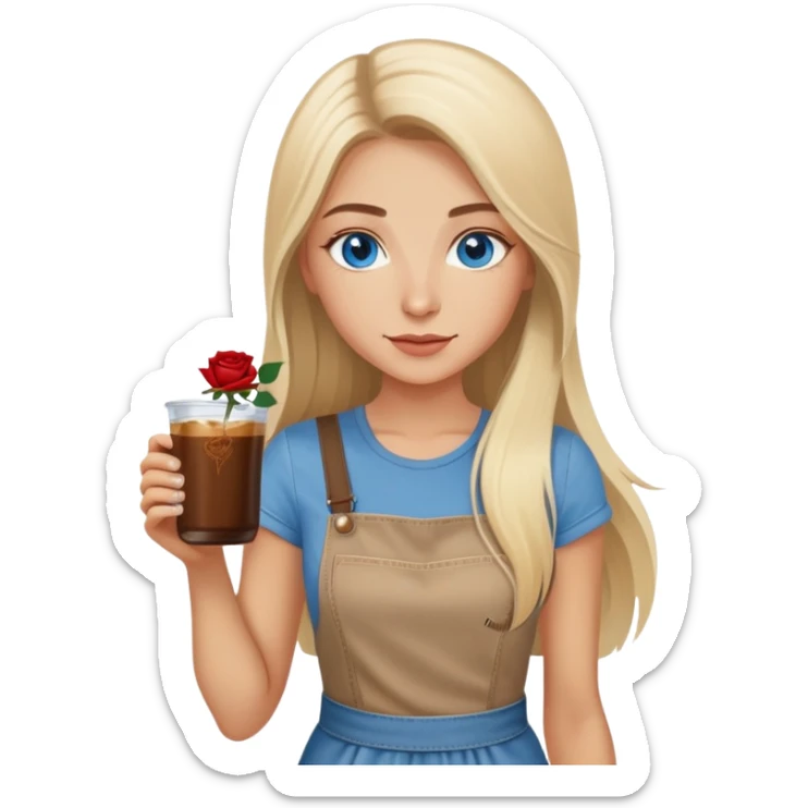 Turkish beautiful finish Konya girl long blonde hair and blue eyes with beige denim dress and had on her hand Rose Cold brew coffee   sticker