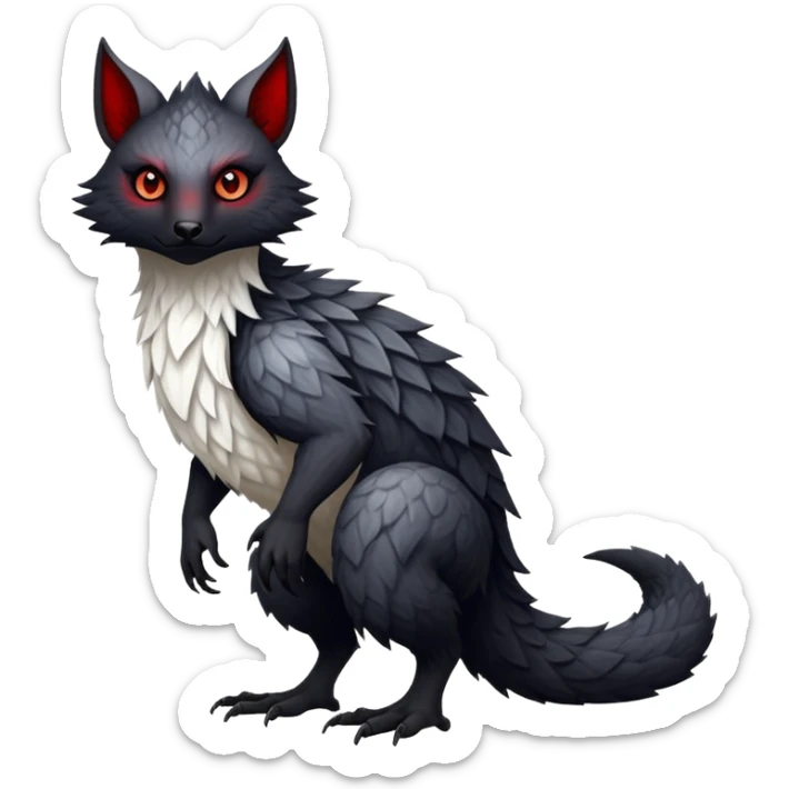 a white exotic edgy vernid-fionbri-creature, with black belly and red eyes, full body sticker