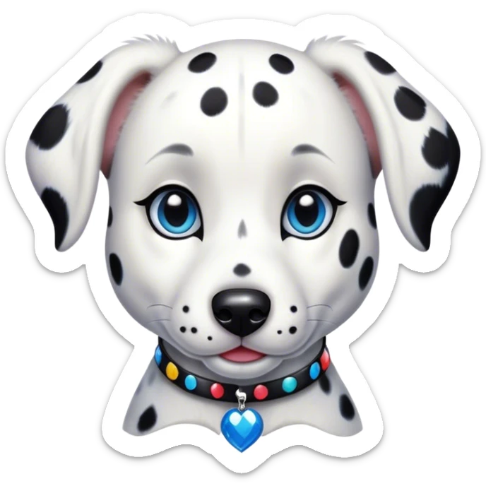 Cinematic Cute Harlequin Dalmatian Portrait Emoji, Head tilted playfully and inquisitively, featuring a glossy Fur of predominantly white with dynamic black patches, round, sparkling blue eyes filled with gentle curiosity, Simplified yet irresistibly adorable features, highly detailed, glowing with a warm, friendly glow, high shine, affectionate and gentle, stylized with a touch of whimsy, bright and endearing, soft glowing outline, capturing the essence of a mischievous yet loving pup, so playful it feels like it could lumber out of the screen and into your arms! sticker