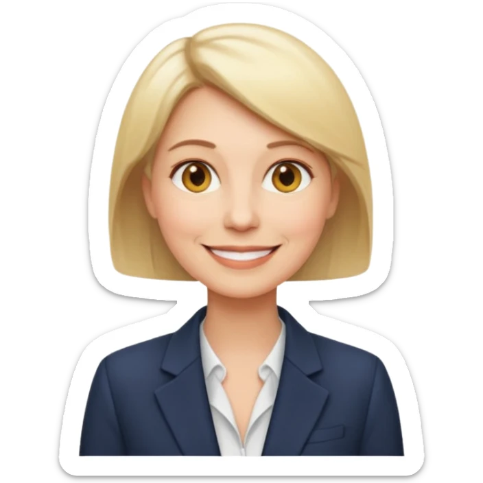 woman in her 50s, short straight blonde hair, wearing a blazer, smiling, emoji style sticker