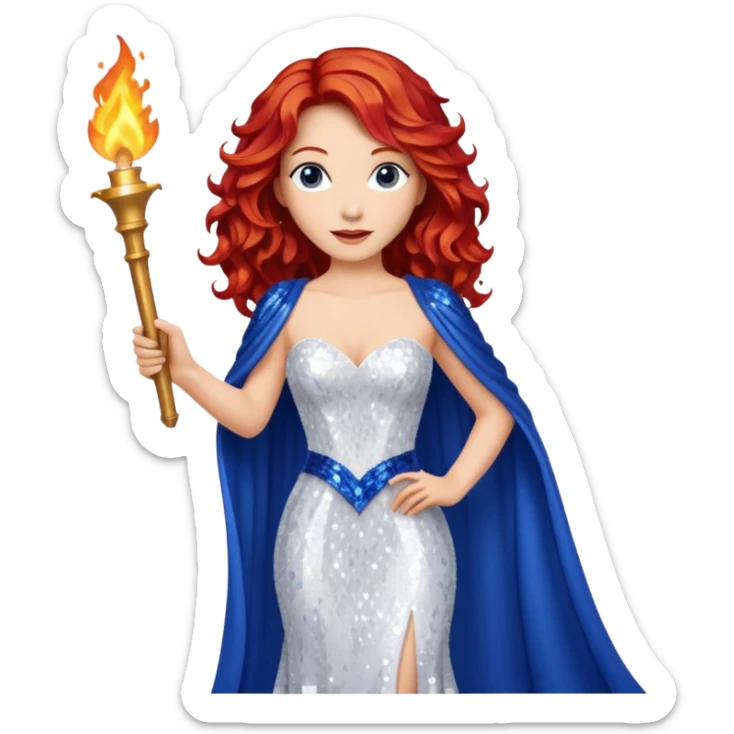 Torch Lady from Film Studios with red wavy hair, white sequin gown, royal blue sequin drape, holding torch sticker