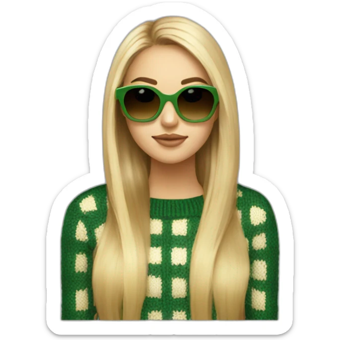 a blonde girl with highlights, long hair, hair parted in the middle and a square head shape wearing yellow brownish sunglasses and a knitted checkered green an beige jumper sticker