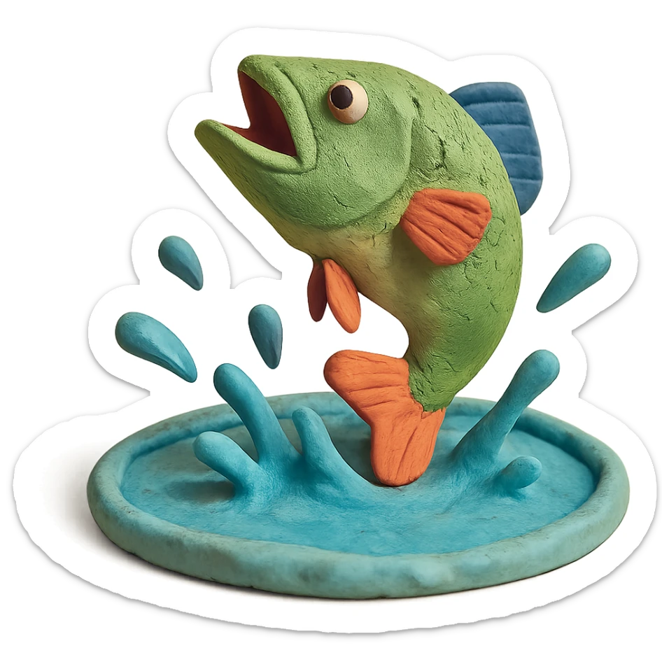 bass jumping out of a pond with water splashes, playful and colorful, claymation style sticker