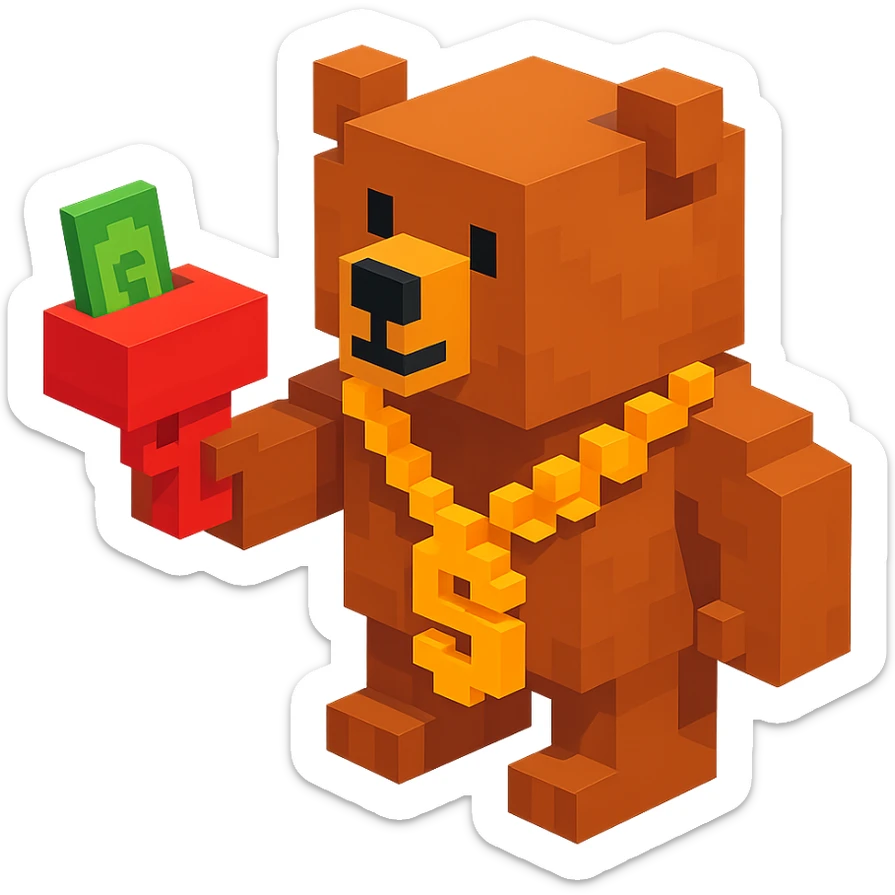 Russian grizzly bear wearing a rapper chain and holding a money gun sticker