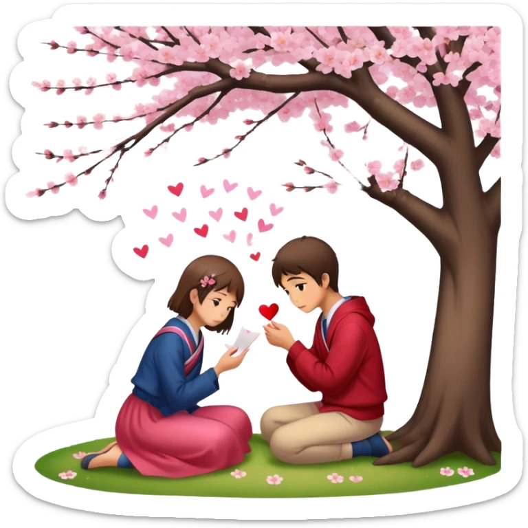 Japanese high school boy confessing love to a girl under cherry blossom tree with love letter sticker