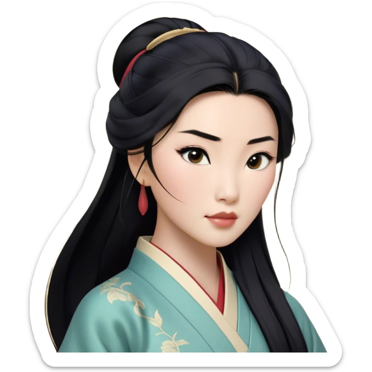 Cinematic Realistic Mulan Portrait, depicted with lifelike skin texture, soft natural lighting, and intricately detailed long black hair styled elegantly. Her deep, expressive eyes exude determination and grace, complemented by a serene yet confident expression. She is dressed in her classic attire, with rich fabric textures and delicate folds that catch the light beautifully. The portrait features a soft, enchanting glow with a natural, radiant finish, capturing the essence of timeless strength and beauty in a realistic and painterly style, evoking a sense of depth and authenticity. sticker