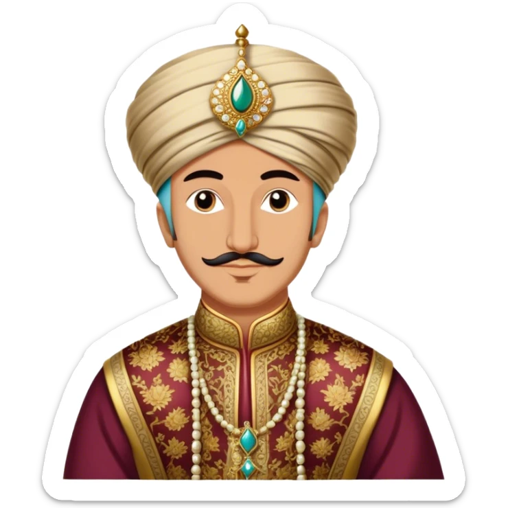 Suleiman the Magnificent – Cinematic Realistic Portrait of Suleiman the Magnificent, depicted as a regal Ottoman sultan in luxurious traditional attire with intricate patterns and a golden turban, his commanding gaze illuminated by warm, historic lighting, exuding majestic authority and timeless grandeur. sticker