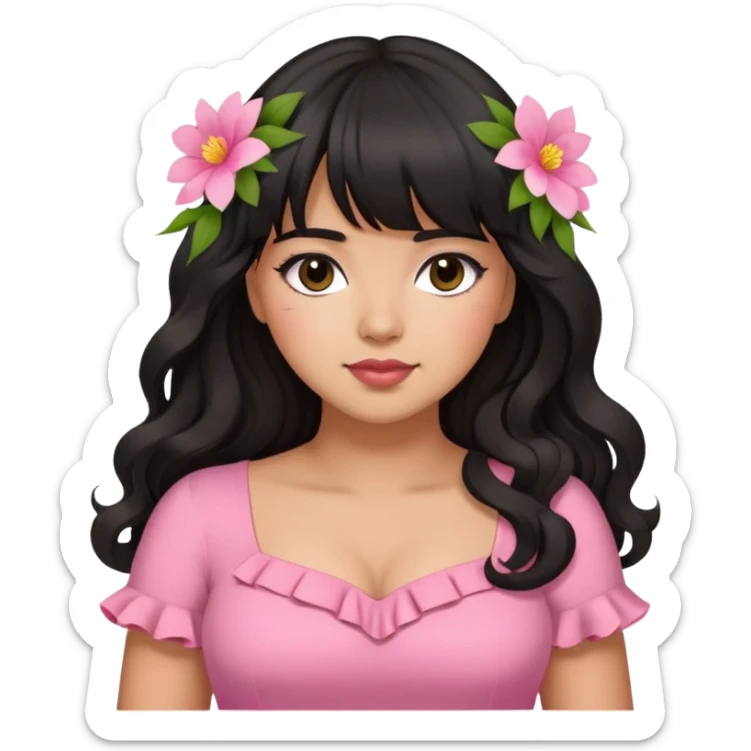 Latina girl with bangs black long wavy hair plus size with a pink dress and flowers sticker