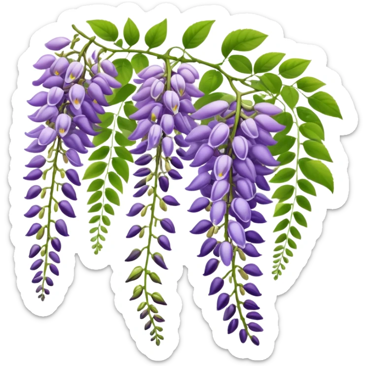 Wisteria raceme with mixed blooming stages - some flowers fully open in purple, others still in bud stage, hanging gracefully with green leaves sticker