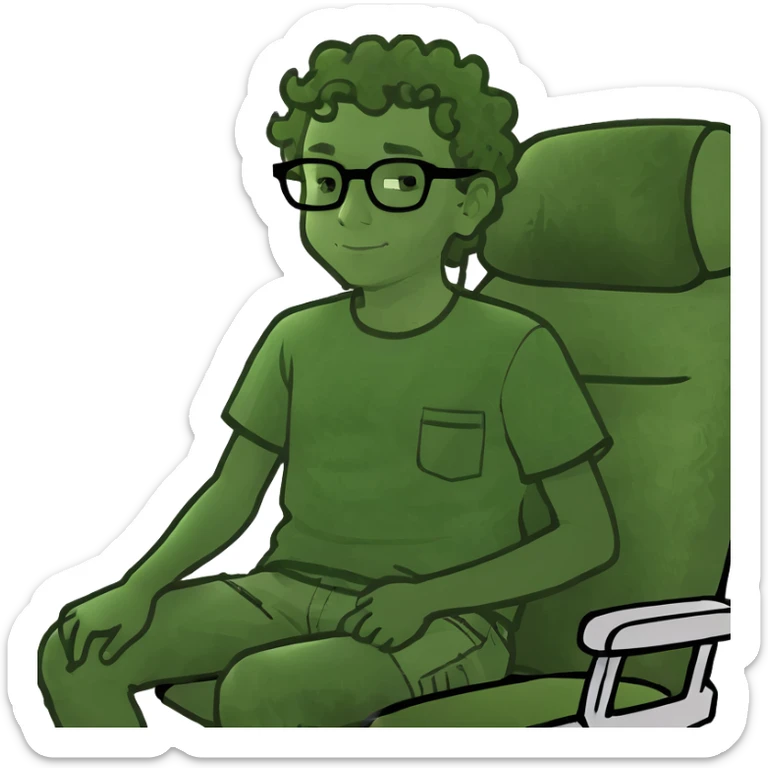 Boy kind of curly hair with black glasses sitting crossed legged in the middle seat on a airplane  sticker