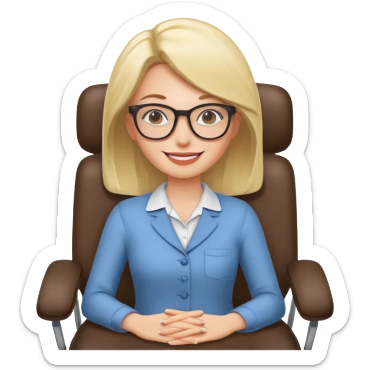 Cartoon face woman smiling and relaxing and aligned in a chair in office sticker