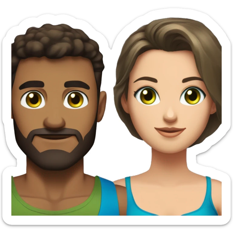 A pretty dark-haired woman with an olive green tank top with large breasts and green eyes next to a handsome muscular man with short brown hair with blue eyes and a blue muscle shirt sticker