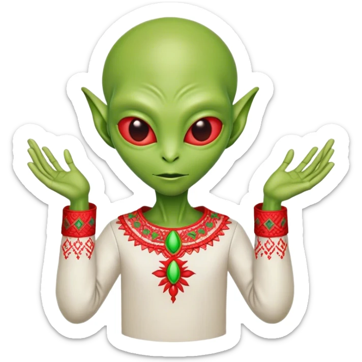 Green alien in Shirt 👚 vyshyvanka, white with red embodiary on sleeved sticker
