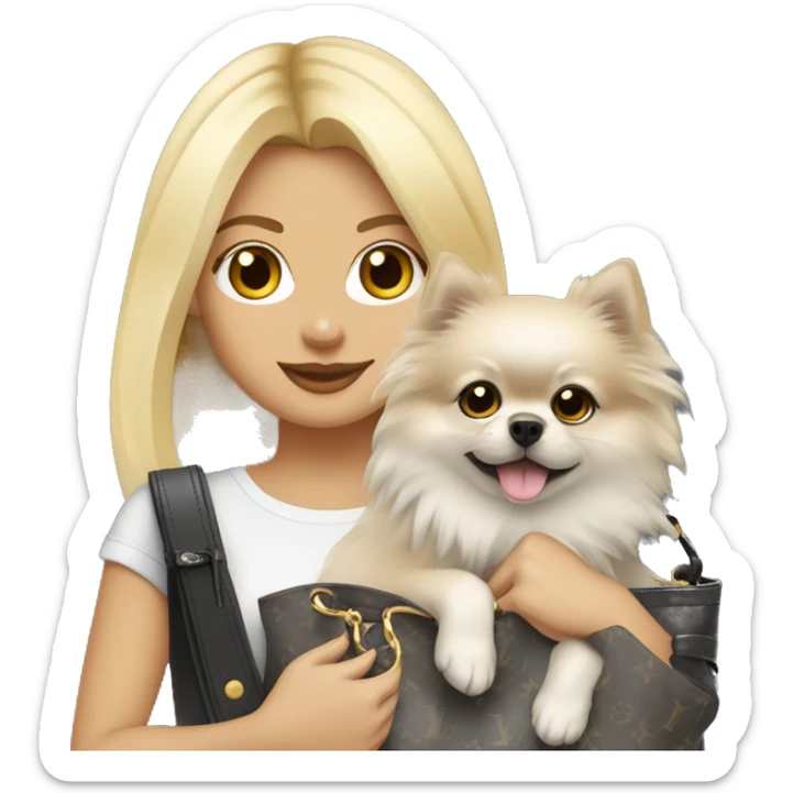 Pretty blonde girl carrying a grey Pomeranian in a Louis vuttion bag  sticker