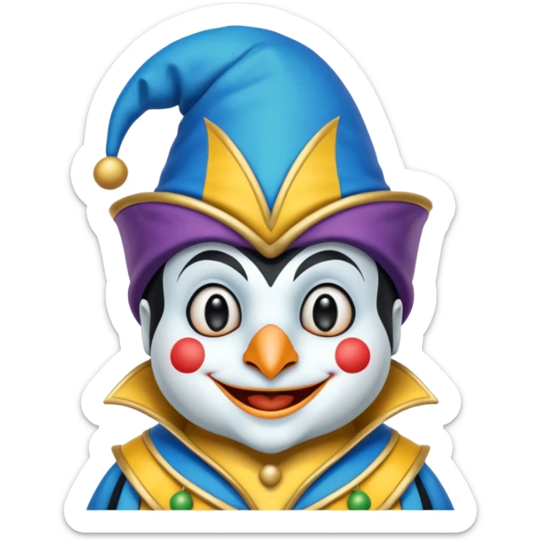 crazy colorful cute little penguin jolly joker, medieval, vintage, court jester, mac os icon, blue color sticker