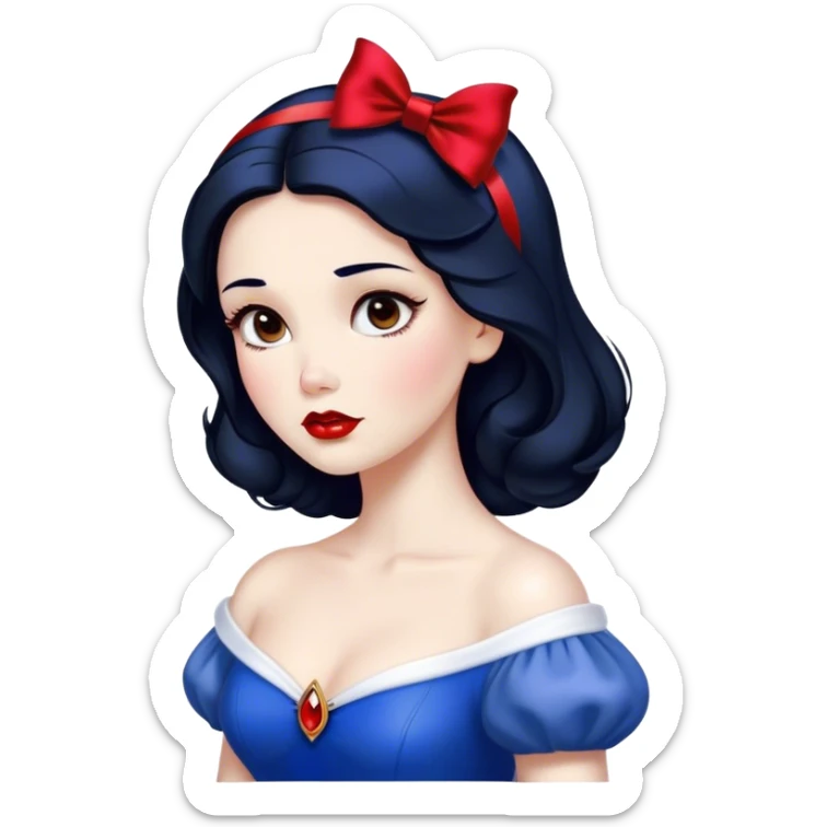 Cinematic Stunning Snow White Portrait Emoji, Fair skin glowing like porcelain, ruby-red lips, deep brown eyes full of kindness, raven hair framed by her iconic red bow, wearing her royal blue and gold gown, exuding timeless beauty and grace! sticker