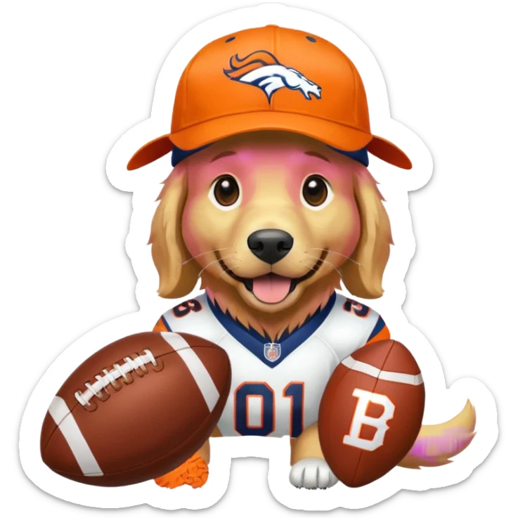 Dog wearing a Broncos hat it’s a golden retriever. The dog is holding a football. sticker