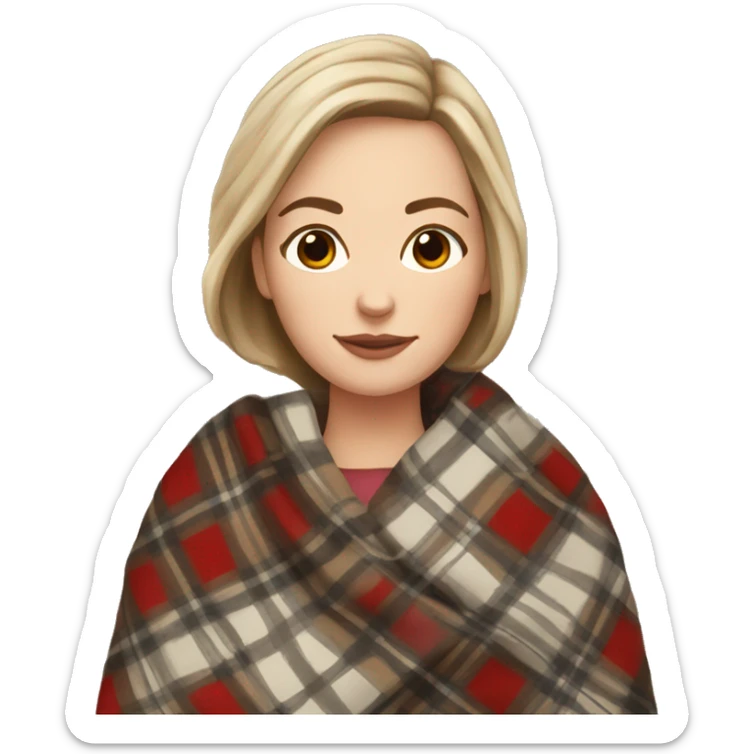white girl short brown hair wrapped in cozy plaid blanket sticker