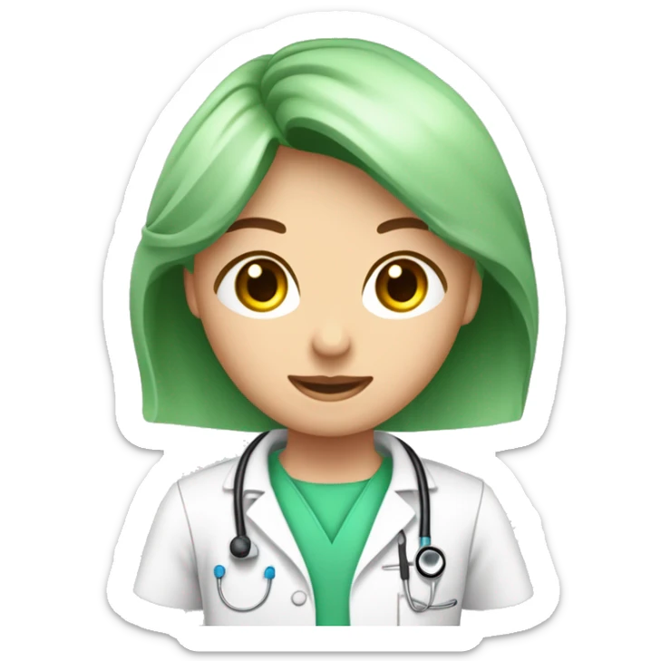 Mujer joven medico, de cabello rubio largo con fonendoscopio rosado y delantal blanco, abrazada a hombre joven médico, de cabello castaño y ojos verdes, con fonendoscopio y delanta blanco.  sticker