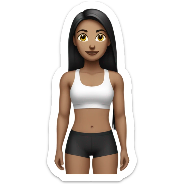 a white color skinned woman with black long straight hair wearing a workout set  sticker