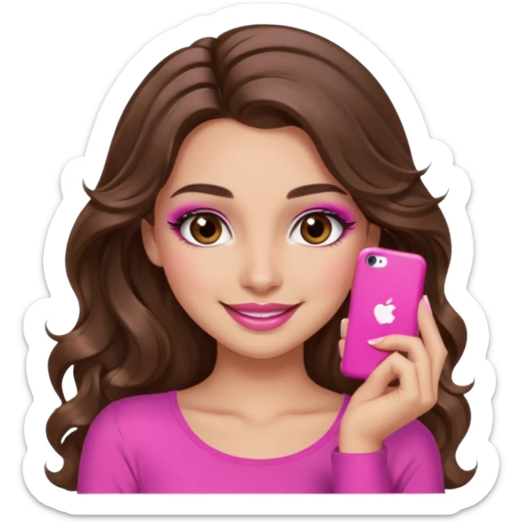 girl with long wavy brown hair, brown eyes, long lashes makeup, sexy pink lips, light to medium complexion, pink sexy top, smiling, hand by the cheek sticker