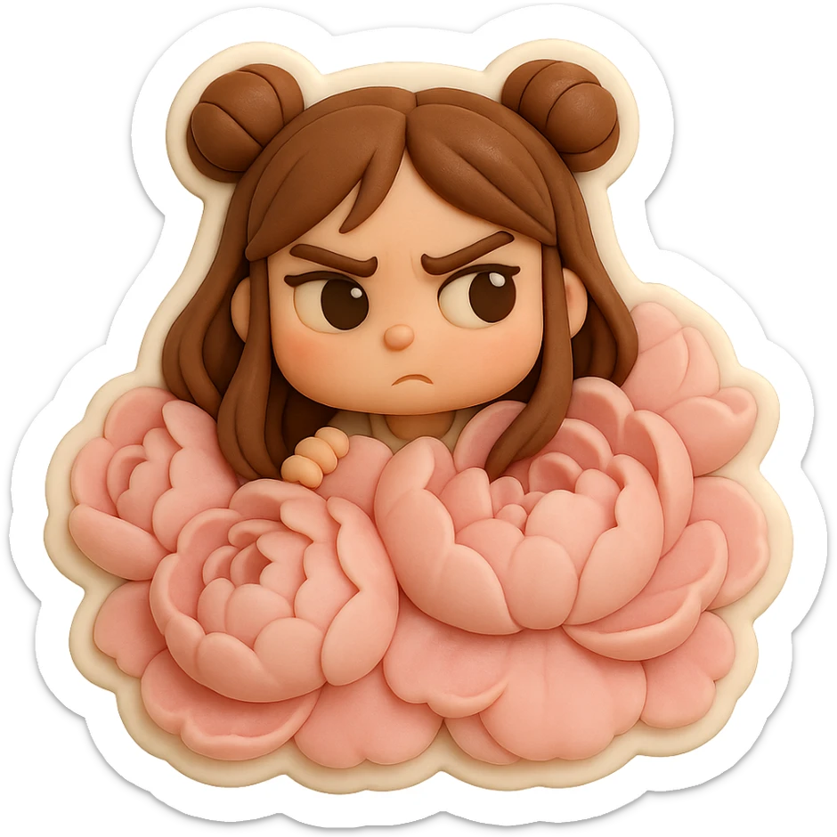 3D chibi fondant cake art style, high-quality rendering with smooth shadows and soft gradients. Girl based on reference image with preserved facial features and exact eye shape, long brown hair in two space buns, brown eyes, thick white outline like a sticker, transparent background. Her head peeks out from the center of a giant mound of soft pink peonies, flowers so big they almost hide her completely. Ensure the face and eye shape match the reference exactly. sticker