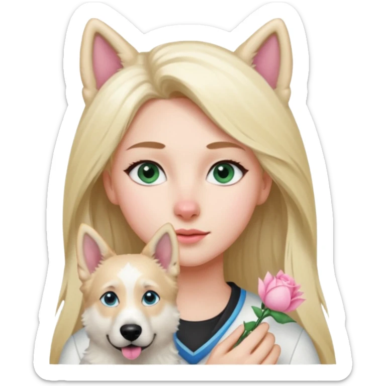 White European young woman with blue-green eyes and long blond hair with her white German Shepherd dog,the Dog hast a pink nose and short fur  and Brown eyes sticker